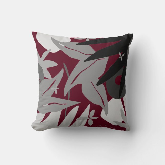 Burgundy & Grey Artistic Abstract Botanical Throw Pillow (Front)