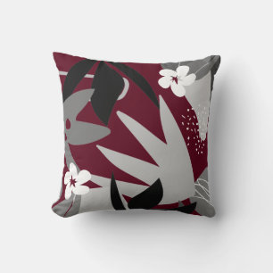 Burgundy & Grey Artistic Abstract Floral Pattern Throw Pillow