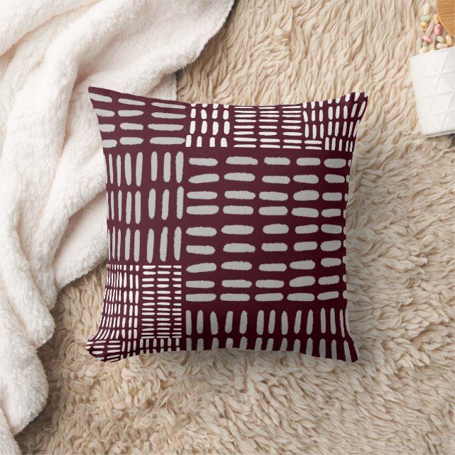 Burgundy & Grey Artistic Abstract Line Pattern Throw Pillow (Blanket)