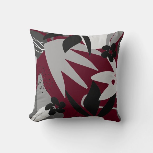 Burgundy & Grey Artistic Abstract Tropical Throw Pillow (Front)