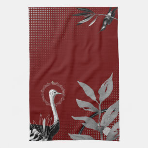 Burgundy & Grey Artistic Watercolor Leaves Ostrich Kitchen Towel