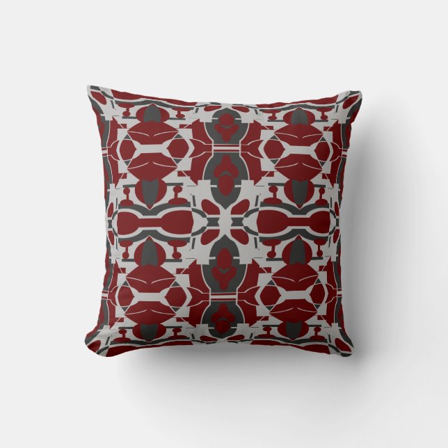 Burgundy Grey Black Regal Ornate Large Mosaics Throw Pillow (Front)