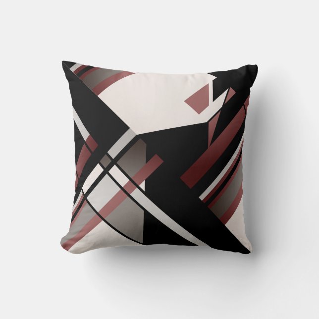 Burgundy Grey Black White Slanted Geometric Design Throw Pillow (Front)
