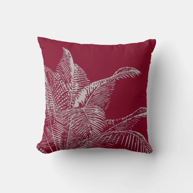 Burgundy & Grey Botanical | Elegant Tropical Palm Throw Pillow (Front)