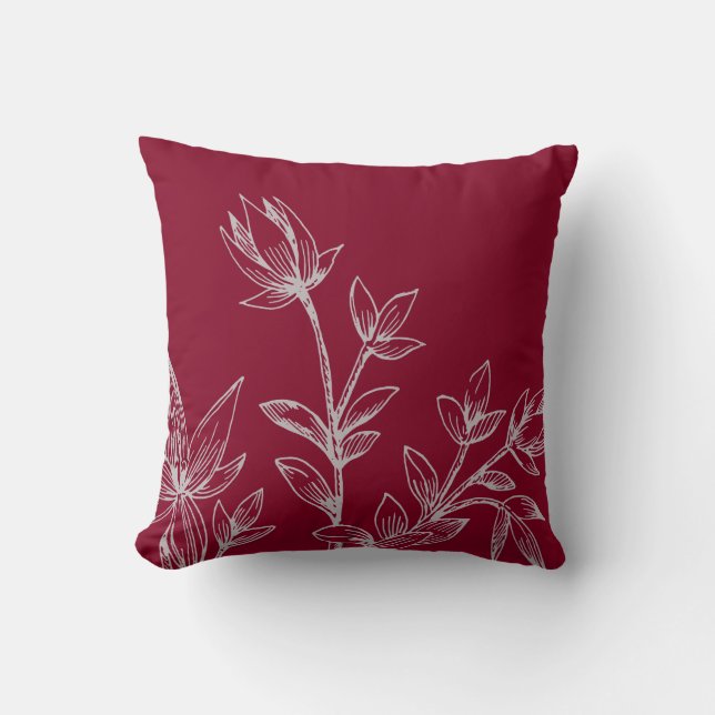 Burgundy & Grey Botanical | Rhatany Flowers Throw Pillow (Front)
