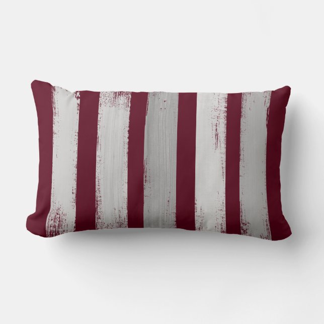 Burgundy & Grey Brush Stroke Stripe Lumbar Pillow (Front)