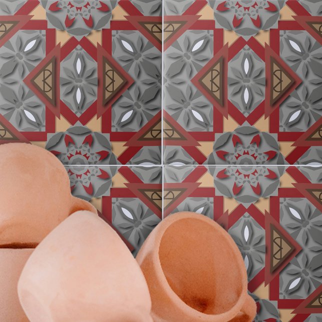 Burgundy Grey Ethnic Mosaic Arabesque Pattern Tile (Creator Uploaded)