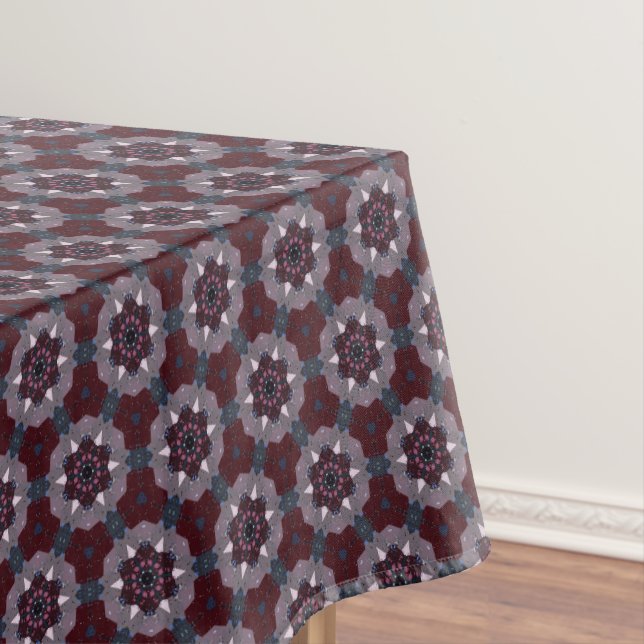 Burgundy & Grey Floral Painted Quilt Tablecloth (In Situ)