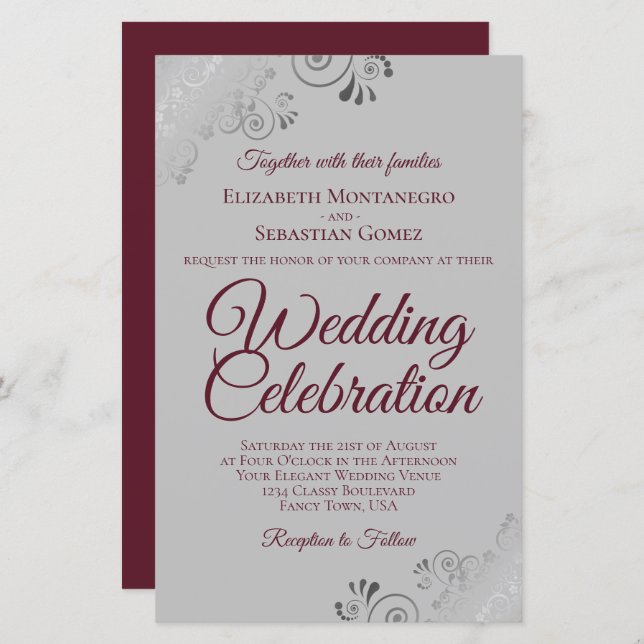 Burgundy & Grey Lace BUDGET Wedding Invite Large (Front/Back)