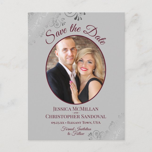 Burgundy & Grey Lace Wedding Save the Date Photo Announcement Postcard (Front)