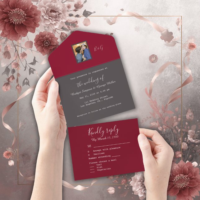 burgundy grey minimal fancy couple photo monogram all in one invitation (Creator Uploaded)