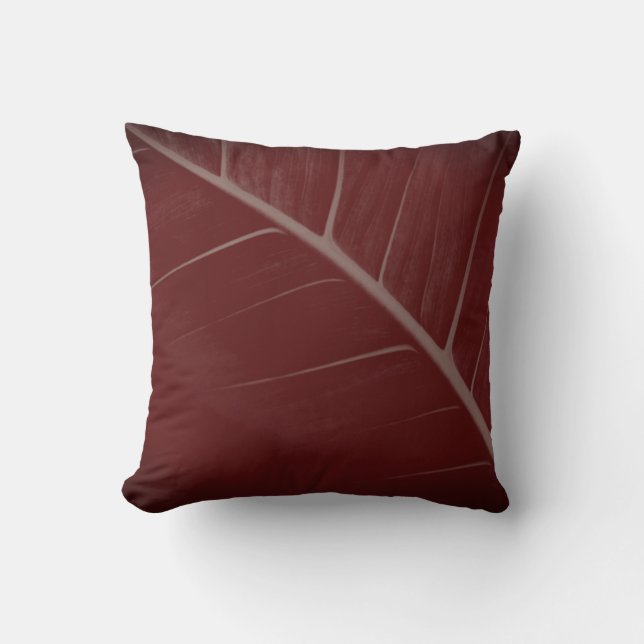 Burgundy & Grey Minimalist Macro Leaf Throw Pillow (Front)