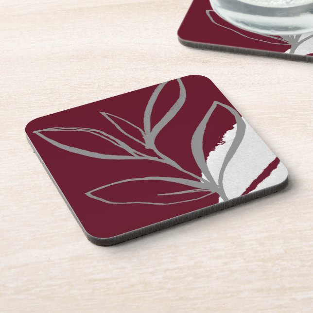 Burgundy & Grey Minimalist Watercolor Leaves Coaster (Left Side)