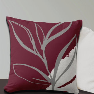 Burgundy & Grey Minimalist Watercolor Leaves Throw Pillow