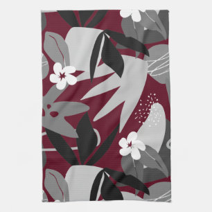 Burgundy & Grey Modern Tropical Leaf Pattern Kitchen Towel