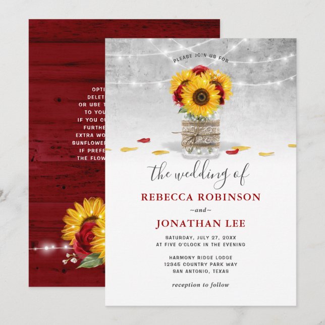 Burgundy Grey Red Rose Sunflower Rustic Wedding Invitation (Front/Back)