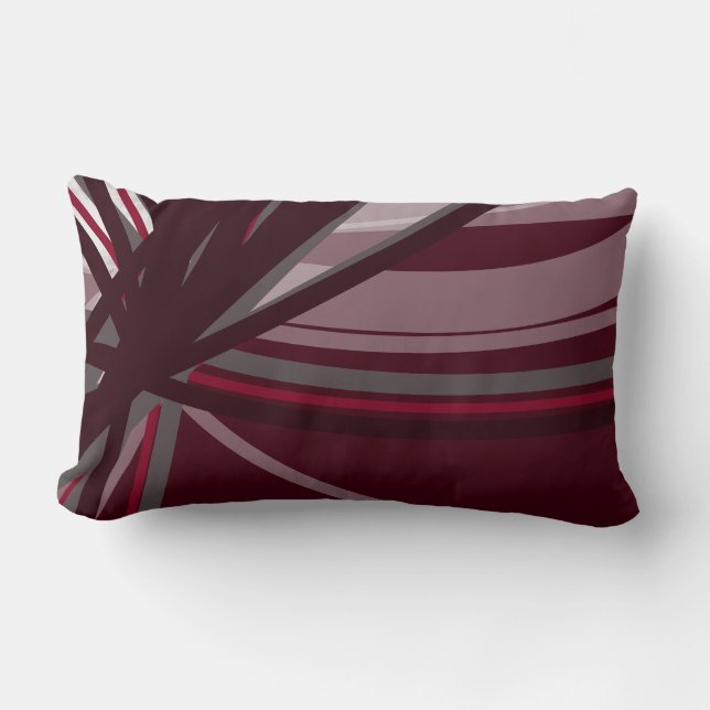 Burgundy & Grey Stylish Abstract Ribbons Lumbar Pillow (Front)