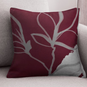 Burgundy & Grey Watercolor Leaf Design Throw Pillow