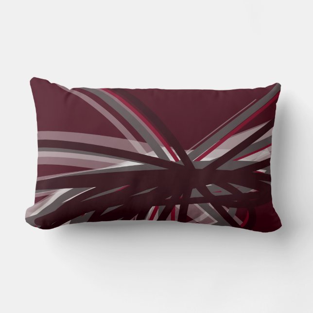 Burgundy Grey & White Artistic Abstract Ribbons Lumbar Pillow (Front)