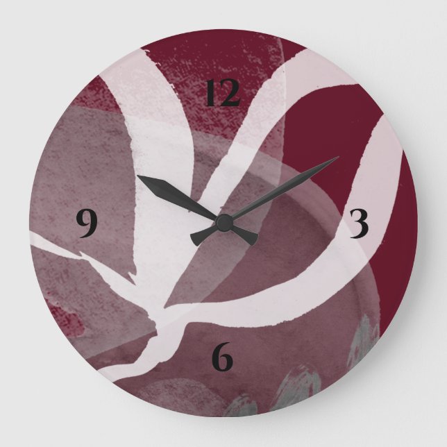 Burgundy Grey White & Black Artistic Watercolor Large Clock (Front)