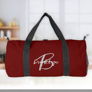 Burgundy Grey White Script Monogram  Duffle Bag