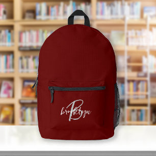 Burgundy Grey White Script Monogram  Printed Backpack