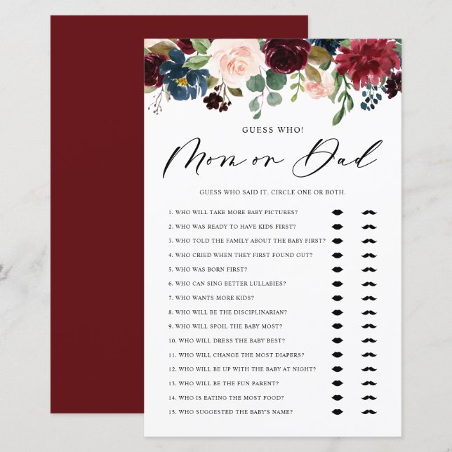 Burgundy Guess Who Mom or Dad Baby Shower Game (Front/Back)