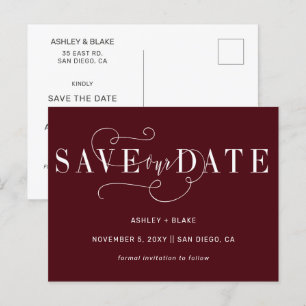 Burgundy Handwritten Calligraphy Save the Date Announcement Postcard