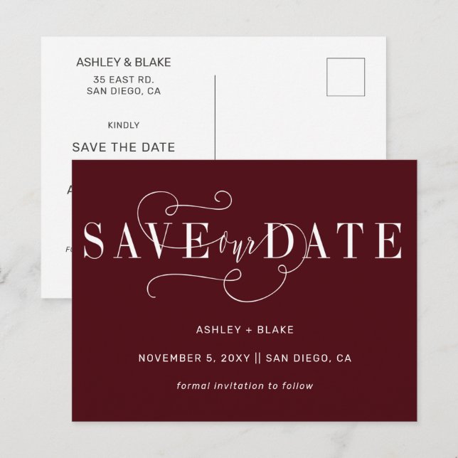 Burgundy Handwritten Calligraphy Save the Date Announcement Postcard (Front/Back)