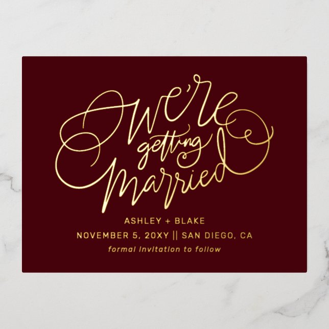 Burgundy Handwritten Calligraphy Save the Date Foil Invitation Postcard (Front)