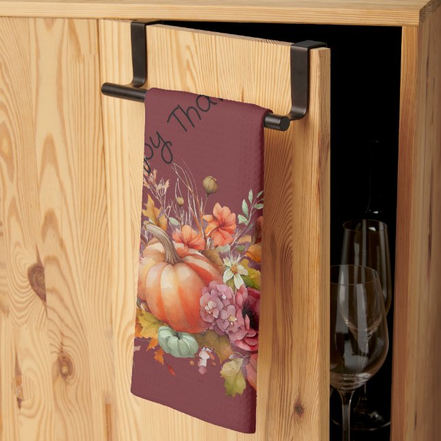 Burgundy Happy Thanksgiving Pumpkin Fall Flowers Kitchen Towel (Thirds Fold)