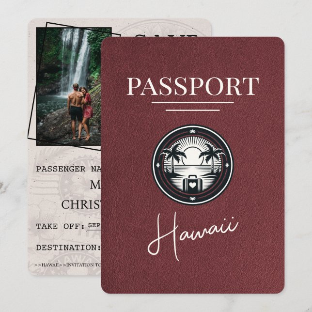 Burgundy Hawaii Passport Save The Date (Front/Back)