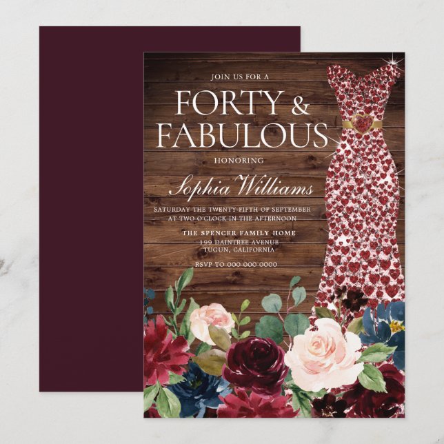 Burgundy Heart Dress Rustic Floral 40th Birthday Invitation (Front/Back)