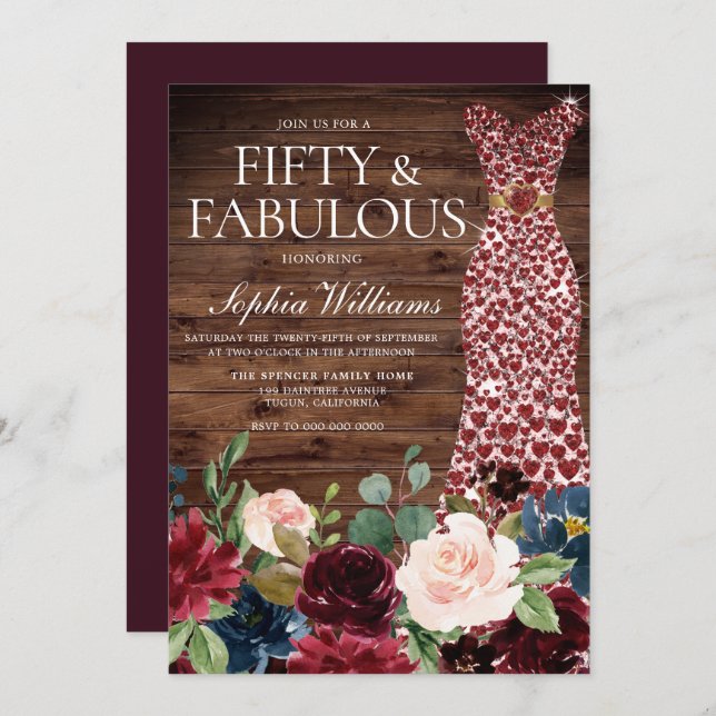 Burgundy Heart Dress Rustic Floral 50th Birthday Invitation (Front/Back)