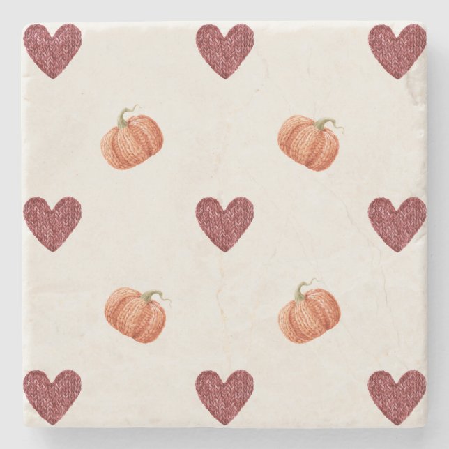 Burgundy Hearts Pumpkins Stone Coaster (Front)