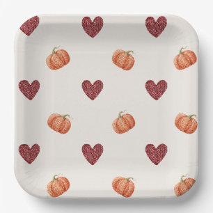 Burgundy Hearts Pumpkins Thanksgiving Paper Plate