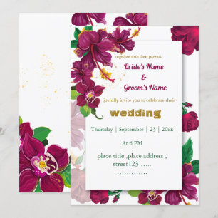 burgundy hibiscus flowers rose wedding invitation