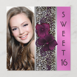 Burgundy Hot Pink Leopard Photo Sweet Sixteen Invitation