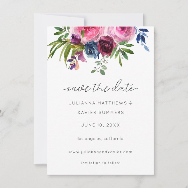 Burgundy Hot Pink & Navy Blue Save the Date (Front)