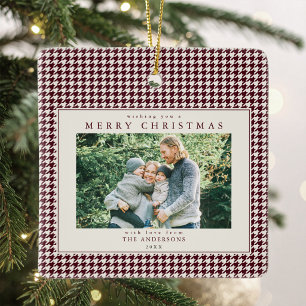 Burgundy Houndstooth Christmas Photo Ceramic Ornament