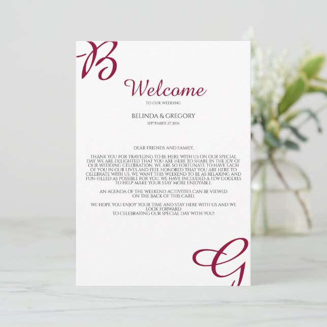 Burgundy Initials Fall Wedding Welcome Itinerary Program (Standing Front)