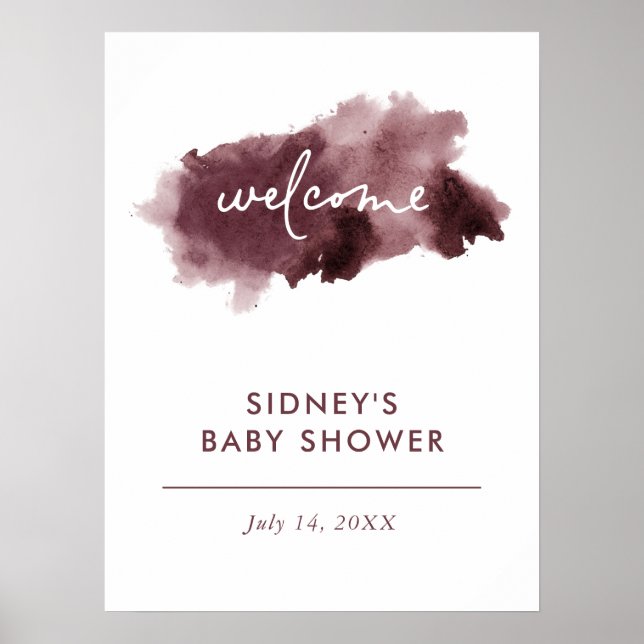 Burgundy Ink Wash Baby Shower Welcome Sign (Front)