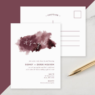 Burgundy Ink Wash Girl Baby Shower by Mail Invite