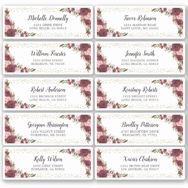 Burgundy Invités Nom et adresse Mariage Étiquette (Devant)