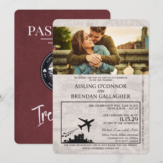 Burgundy Ireland Passport Wedding Invitation (Front/Back)
