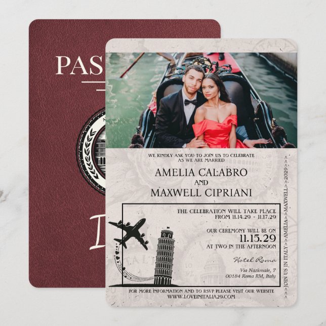 Burgundy Italy Passport Wedding Invitation (Front/Back)