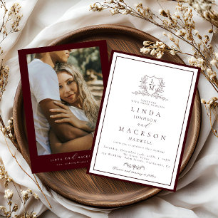 Burgundy & Ivory botanical crest monogram wedding Invitation