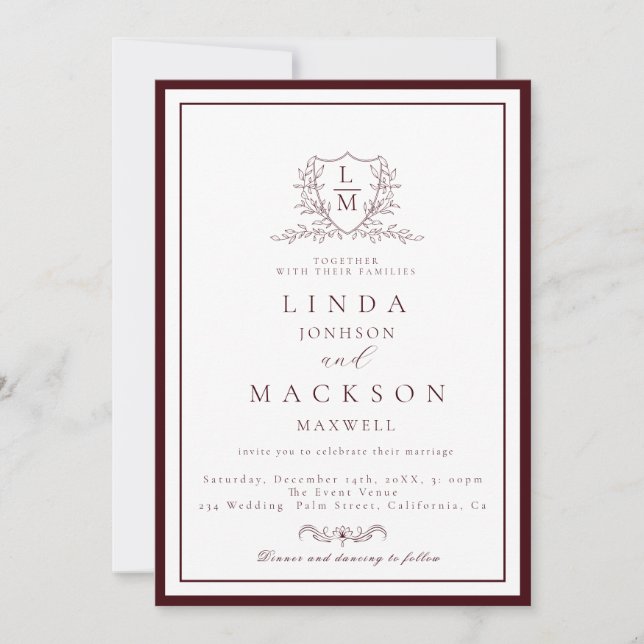 Burgundy & Ivory botanical crest monogram wedding Invitation (Front)