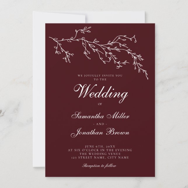 Burgundy & Ivory Botanical Elegant Wedding Invitation (Front)