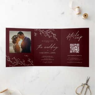 Burgundy & Ivory Botanical Elegant Wedding Tri-Fold Invitation